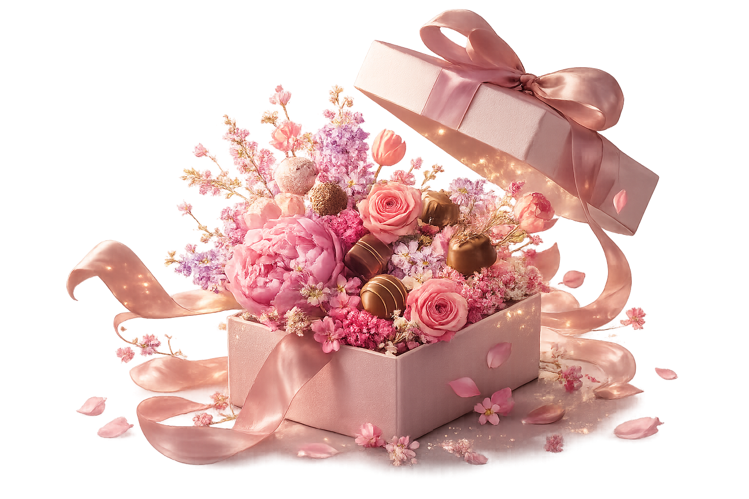 Open luxury gift box overflowing with flowers and chocolates