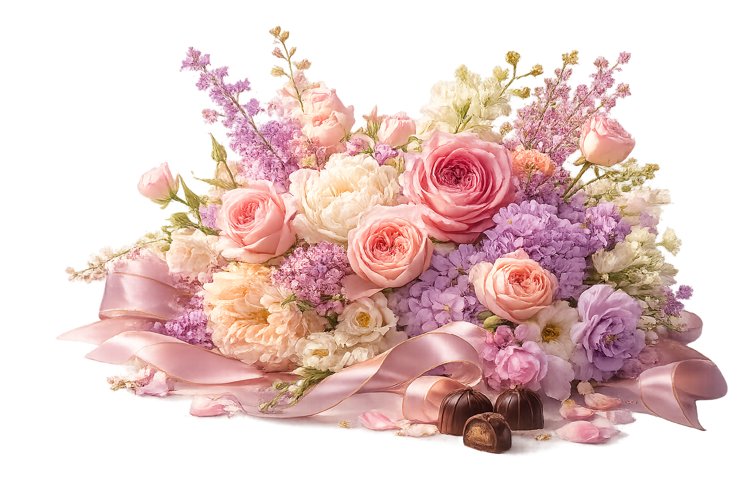 Pastel flower bouquet with ribbon and chocolates