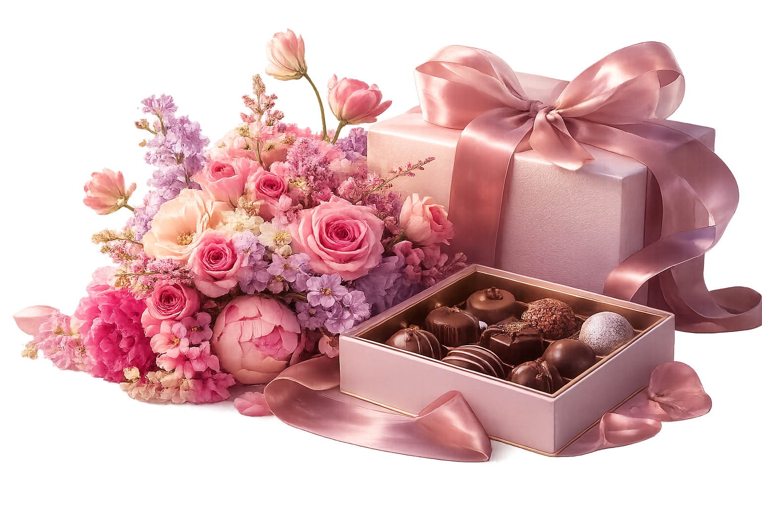 Luxury flowers with wrapped gift and artisan chocolates